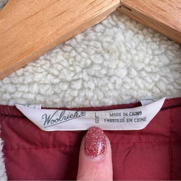 WOOLRICH Red Plaid Bomber Jacket Full Zipper Qulited Sherpa Large Women Wool - Picture 4 of 14